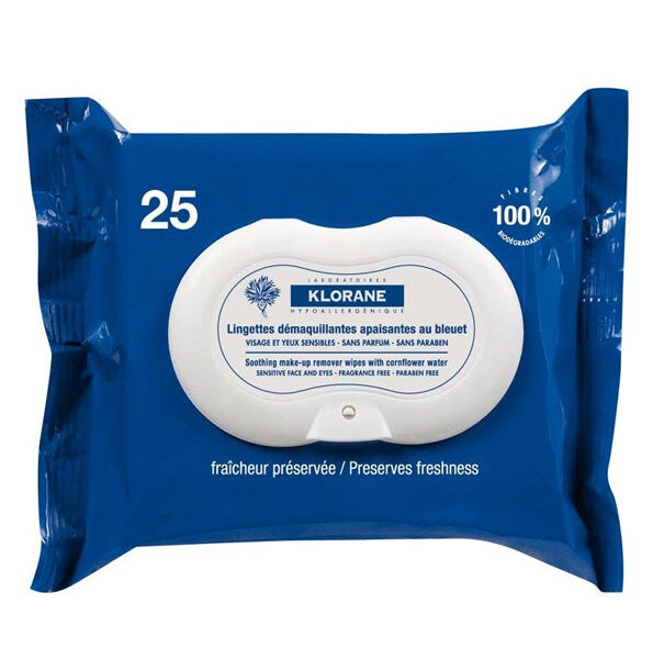 Klorane – Lingettes Démaquillantes Au Bleuet Apaisant – 25 Piéces